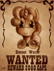 Size: 2042x2671 | Tagged: safe, artist:jamescorck, derpibooru import, oc, oc:sweetwater, unofficial characters only, pony, unicorn, fallout equestria, fallout, female, filly, goggles, not sweetie belle, reward, sketch, the hopeful four, wanted poster, western