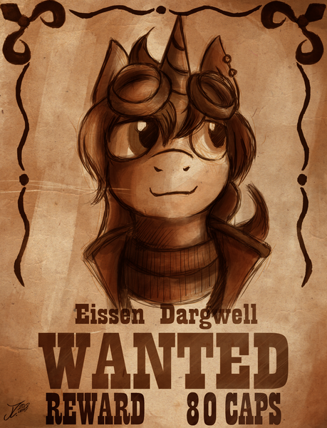 Size: 2042x2671 | Tagged: safe, artist:jamescorck, derpibooru import, oc, oc:eissen, unofficial characters only, pony, unicorn, fallout equestria, fallout, goggles, male, reward, sketch, stable, stallion, the hopeful four, wanted poster, western