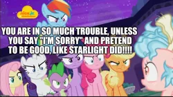Size: 1024x576 | Tagged: safe, derpibooru import, edit, edited screencap, editor:useraccount, screencap, applejack, cozy glow, fluttershy, pinkie pie, rainbow dash, rarity, spike, starlight glimmer, twilight sparkle, twilight sparkle (alicorn), alicorn, dragon, pegasus, pony, school raze, cozy glow drama, cozybuse, drama, evil, excessive exclamation marks, female, filly, image macro, mane seven, mane six, meme, mouthpiece, pure concentrated unfiltered evil of the utmost potency, pure unfiltered evil, starlight drama, winged spike