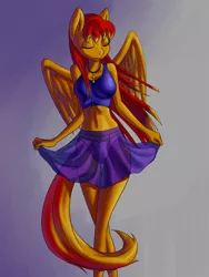 Size: 900x1200 | Tagged: anthro, artist:derpifecalus, beautiful, belly button, clothes, derpibooru import, female, folded wings, mare, midriff, oc, oc:aurie startrail, panties, red hair, safe, see-through, see-through skirt, skirt, tail, underwear, unofficial characters only, white underwear, wings, ych result