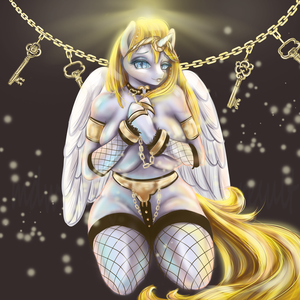 Size: 3000x3000 | Tagged: alicorn, alicorn oc, alternate version, anthro, artist:mdwines, bdsm, big breasts, bondage, breasts, chastity, chastity belt, cuffs, derpibooru import, female, gold, key, magic, mystery, oc, oc:deadie, orgasm denial, solo, suggestive, unofficial characters only, wings, ych result