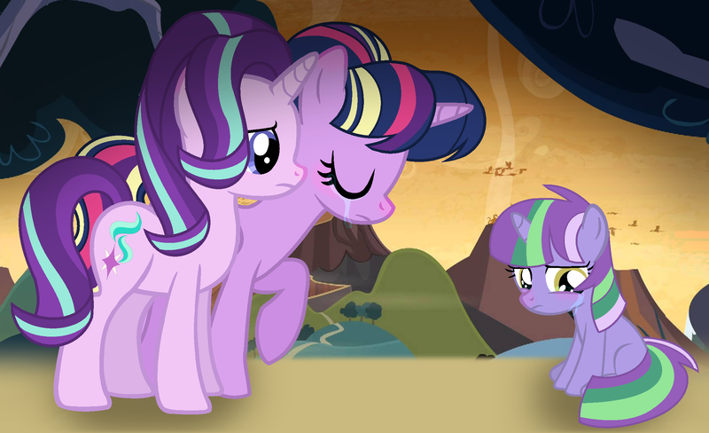 Size: 2260x1380 | Tagged: safe, artist:leanne264, derpibooru import, starlight glimmer, twilight sparkle, twilight sparkle (alicorn), oc, oc:violet light, alicorn, dracony, hybrid, pony, crying, female, filly, interspecies offspring, mother and daughter, offspring, parent:spike, parent:twilight sparkle, parents:twispike