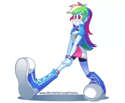 Size: 600x491 | Tagged: safe, artist:riouku, derpibooru import, part of a set, rainbow dash, equestria girls, big feet, blushing, boots, clothes, commission, compression shorts, female, fetish, foot growth, gritted teeth, growth, impossibly large feet, miniskirt, shoes, shorts, simple background, skirt, socks, solo, struggling, white background