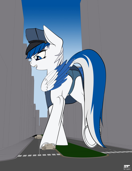 Size: 2550x3300 | Tagged: alternate version, artist:styroponyworks, building, city, clothes, crush fetish, crushing, derpibooru import, dock, fetish, hat, high res, macro, oc, oc:striker blue, panties, plot, police, raised hoof, road, suggestive, tank (vehicle), underhoof, underwear, unofficial characters only