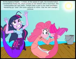 Size: 2892x2230 | Tagged: safe, artist:physicrodrigo, derpibooru import, edit, editor:rmzero, part of a set, pinkie pie, twilight sparkle, angler fish, mermaid, series:equestria mermaids, equestria girls, clothes, curse, cursed, cutie mark, day, dialogue, dress, duo, duo female, female, mermaidized, ocean, pail, part of a series, scales, species swap, text, transformation