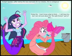 Size: 2892x2230 | Tagged: safe, artist:physicrodrigo, derpibooru import, edit, editor:rmzero, part of a set, pinkie pie, twilight sparkle, angler fish, mermaid, series:equestria mermaids, equestria girls, clothes, curse, cursed, cutie mark, day, dialogue, dr. wily, dress, duo, duo female, female, mermaidized, ocean, pail, part of a series, scales, species swap, text, transformation