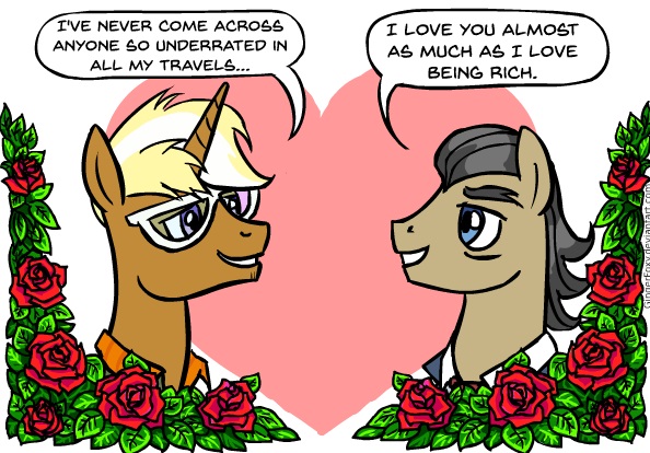 Size: 594x414 | Tagged: safe, artist:gingerfoxy, derpibooru import, filthy rich, trenderhoof, earth pony, pony, unicorn, pony couple generator, filthyhoof, flower, gay, heart, infidelity, male, rose, shipping