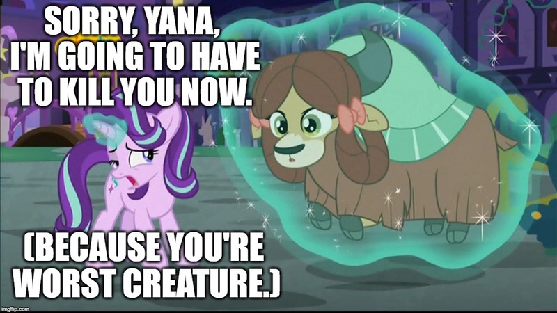 Size: 1024x576 | Tagged: semi-grimdark, derpibooru import, edit, edited screencap, editor:useraccount, screencap, starlight glimmer, yona, pony, unicorn, yak, school raze, abuse, bow, cloven hooves, downvote bait, duo, female, hair bow, image macro, mare, meme, misspelling, monkey swings, op is trying too hard, op is wrong, worst pony, yonabuse