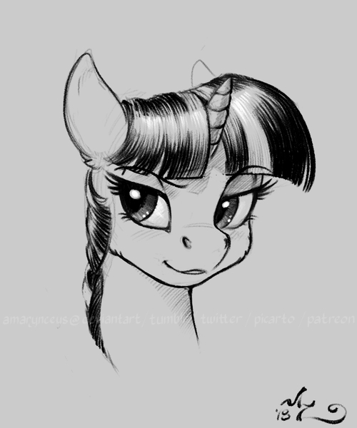 Size: 750x900 | Tagged: safe, artist:amarynceus, deleted from derpibooru, derpibooru import, twilight sparkle, pony, bust, female, gray background, grayscale, lidded eyes, mare, monochrome, portrait, sideways glance, simple background, solo, watermark