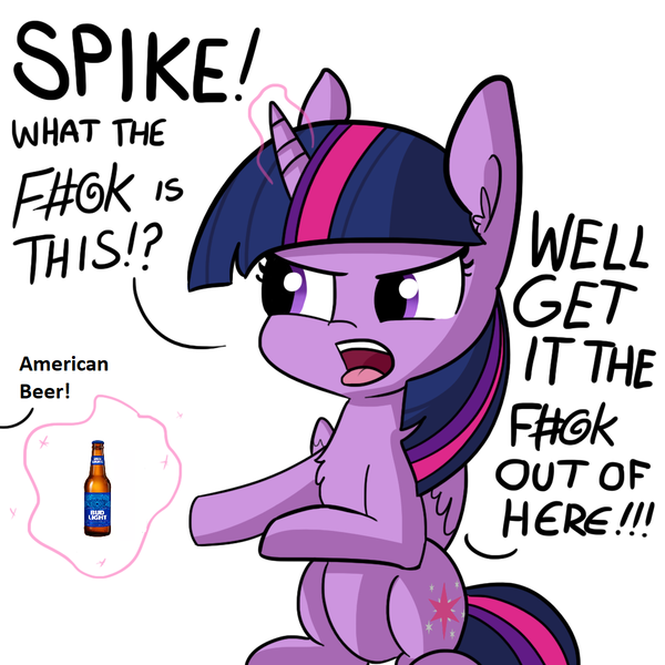 Size: 1080x1080 | Tagged: safe, artist:thephilosopony, artist:tjpones, derpibooru import, edit, twilight sparkle, twilight sparkle (alicorn), alicorn, pony, alcohol, american, angry, beer, bud light, budweiser, censored vulgarity, chest fluff, dialogue, exploitable meme, get it the f#@k out of here, grawlixes, gtfo, implied spike, magic, meme, offscreen character, open mouth, parody, simple background, sitting, solo, vulgar, white background, yelling
