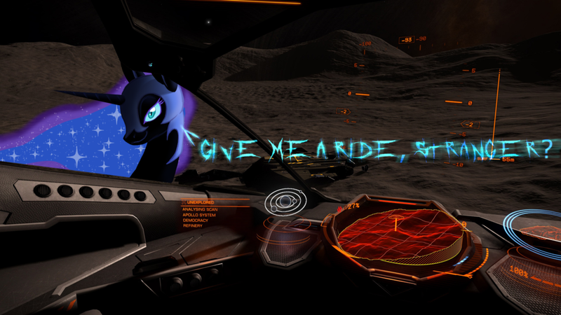 Size: 1024x576 | Tagged: alicorn, artist:ravvij, black, cobra mk 3, dangerous, derpibooru import, elite, elite: dangerous, female, fiction, mare, moon, nightmare, nightmare moon, safe, solo, story