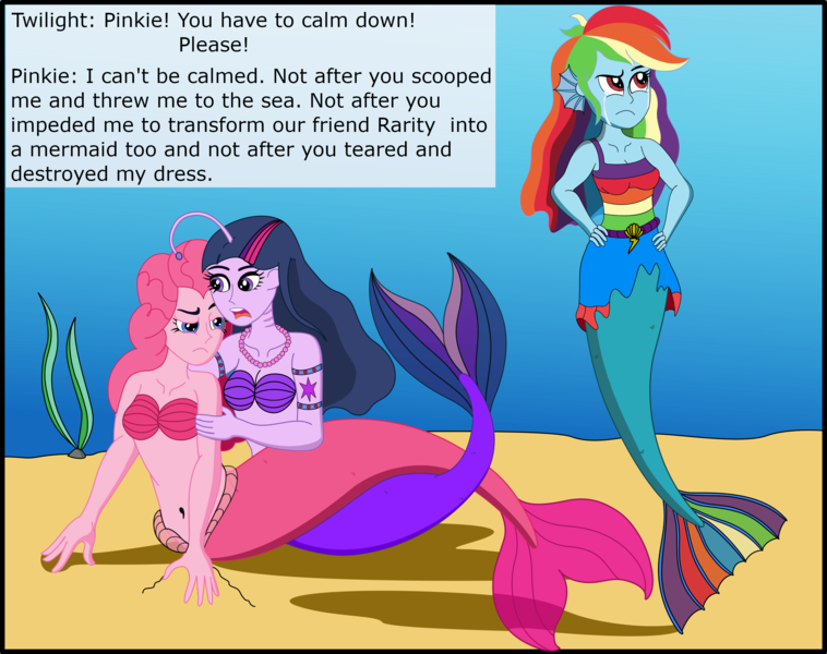 Size: 2837x2247 | Tagged: safe, artist:physicrodrigo, derpibooru import, edit, editor:rmzero, part of a set, pinkie pie, rainbow dash, twilight sparkle, angler fish, mermaid, series:equestria mermaids, equestria girls, belly button, clothes, cloud, curse, cursed, cutie mark, dialogue, dress, gills, jewelry, mermaidized, midriff, necklace, ocean, part of a series, pearl, pearl necklace, scales, shell, shell bra, species swap, text