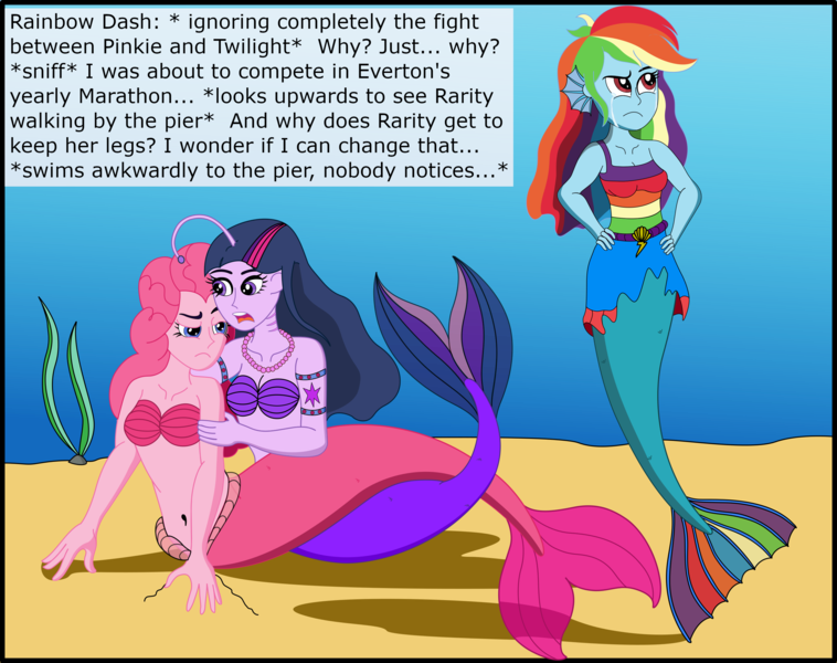 Size: 2837x2247 | Tagged: safe, artist:physicrodrigo, derpibooru import, edit, editor:rmzero, part of a set, pinkie pie, rainbow dash, twilight sparkle, angler fish, mermaid, series:equestria mermaids, equestria girls, belly button, clothes, cloud, curse, cursed, cutie mark, dialogue, dress, gills, jewelry, mermaidized, midriff, necklace, ocean, part of a series, pearl, pearl necklace, scales, shell, shell bra, species swap, text