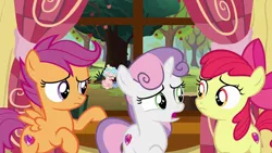Size: 1280x720 | Tagged: safe, derpibooru import, screencap, apple bloom, cozy glow, scootaloo, sweetie belle, pegasus, pony, unicorn, marks for effort, apple tree, clubhouse, crusaders clubhouse, crying, cutie mark crusaders, female, filly, pure concentrated unfiltered evil of the utmost potency, pure unfiltered evil, tree, tree stump, window