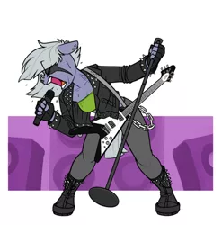 Size: 1240x1257 | Tagged: safe, artist:siden, derpibooru import, limestone pie, oc, oc:decibelle, anthro, earth pony, plantigrade anthro, alternate universe, boots, ear piercing, female, flying v, guitar, microphone, nose piercing, piercing, punk, rock, rock (music), shoes, solo, tube top, ultimare universe