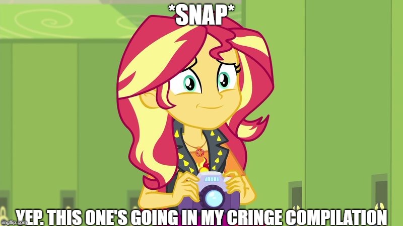 Size: 800x450 | Tagged: safe, derpibooru import, sunset shimmer, equestria girls, equestria girls series, forgotten friendship, camera, cringe compilation, geode of empathy, image macro, impact font, meme, reaction image, shrek