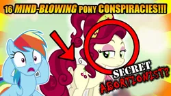 Size: 640x360 | Tagged: safe, derpibooru import, cherry jubilee, rainbow dash, abortion, clickbait, conspiracy theory, image, op is a duck, op is trying to start shit so badly that it's kinda funny, op is trying too hard, parody, png, red circle, theory, youtube thumbnails be like
