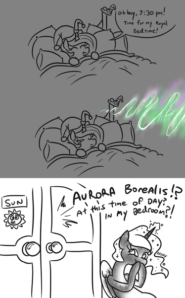 Size: 739x1185 | Tagged: safe, artist:jargon scott, derpibooru import, princess celestia, princess luna, alicorn, pony, aurora borealis, bed, bedroom, celestia is not amused, comic, dialogue, duo, female, hat, laughing, mare, meme, nightcap, pfft, prank, raspberry, raspberry noise, royal sisters, sibling rivalry, simpsons did it, sleeping, speech bubble, steamed hams, the simpsons, tongue out, unamused
