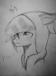 Size: 759x1024 | Tagged: safe, artist:xxfrostflashxx, derpibooru import, oc, oc:vigil, clothes, hoodie, looking up, male, sad, scar, stallion, traditional art