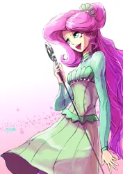 Size: 2893x4092 | Tagged: safe, artist:oberon826, derpibooru import, fluttershy, equestria girls, equestria girls series, so much more to me, beautiful, clothes, dress, female, microphone, pixiv, simple background, singing, solo, white background