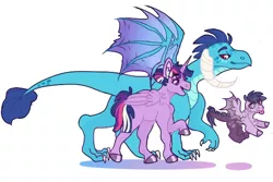 Size: 600x400 | Tagged: safe, artist:meepxmorp, derpibooru import, princess ember, twilight sparkle, twilight sparkle (alicorn), oc, oc:scarlett, alicorn, dracony, dragon, hybrid, pony, alternate hairstyle, dragon lord ember, emberlight, female, lesbian, magical lesbian spawn, mare, offspring, parent:princess ember, parent:twilight sparkle, parents:emberlight, rainbow power, shipping, simple background, smiling, spread wings, story included, tongue out, trio, walking, white background, wings