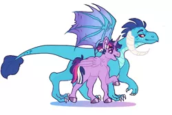 Size: 600x400 | Tagged: safe, alternate version, artist:meepxmorp, derpibooru import, princess ember, twilight sparkle, twilight sparkle (alicorn), alicorn, dragon, pony, alternate hairstyle, emberlight, female, lesbian, mare, rainbow power, shipping, simple background, smiling, spread wings, walking, white background, wings