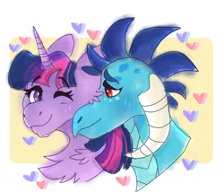 Size: 700x600 | Tagged: safe, artist:meepxmorp, derpibooru import, princess ember, twilight sparkle, twilight sparkle (alicorn), alicorn, dragon, pony, abstract background, blushing, bust, chest fluff, emberlight, female, heart, lesbian, looking at each other, mare, nuzzling, one eye closed, shipping, smiling