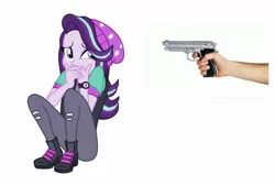 Size: 1275x859 | Tagged: semi-grimdark, artist:davidsfire, derpibooru import, edit, starlight glimmer, equestria girls, mirror magic, spoiler:eqg specials, abuse, background pony strikes again, beanie, downvote bait, glimmerbuse, gun, hat, imminent death, imminent murder, op isn't even trying anymore, scared, scaredy glimmer, simple background, this will end in murder, weapon, white background