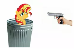 Size: 1275x837 | Tagged: semi-grimdark, derpibooru import, sunset shimmer, pony, abuse, background pony strikes again, crying, downvote bait, edgy, female, gun, imminent death, imminent murder, mare, op isn't even trying anymore, shimmerbuse, simple background, sunset shimmer's trash can, threatening, weapon, white background