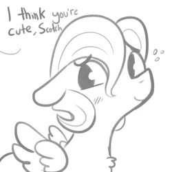 Size: 1280x1280 | Tagged: safe, artist:tjpones, derpibooru import, fluttershy, pegasus, pony, adorascotch, blushing, butterscotch, cute, dialogue, grayscale, male, monochrome, offscreen character, rule 63, rule63betes, shyabetes, simple background, smiling, solo, white background