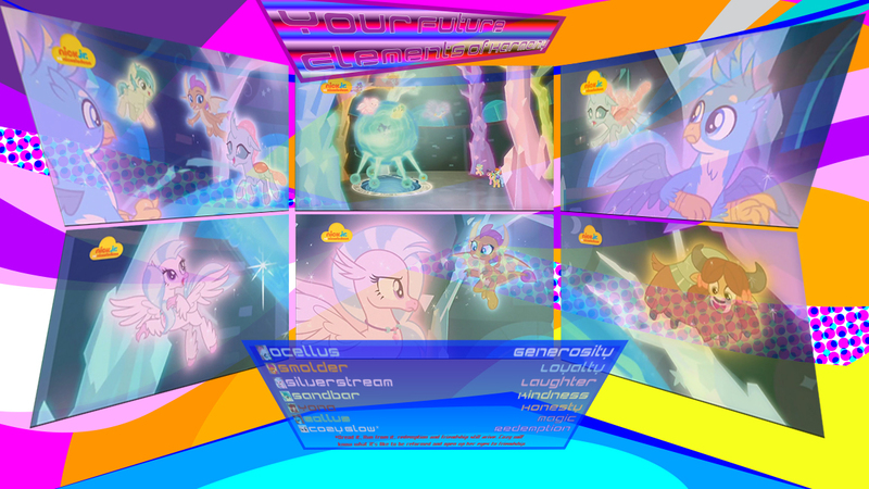 Size: 1152x648 | Tagged: safe, derpibooru import, edit, edited screencap, screencap, cozy glow, gallus, ocellus, sandbar, silverstream, smolder, yona, changedling, changeling, classical hippogriff, dragon, gryphon, hippogriff, pony, yak, school raze, avengers: infinity war, elements of harmony, female, filly, future elements of harmony, generosity, honesty, kindness, laughing, loyalty, magic, redemption, screens, student six, sunset, thanos