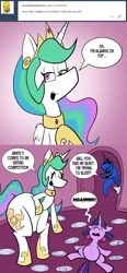 Size: 576x1246 | Tagged: safe, artist:pembroke, derpibooru import, princess celestia, princess luna, twilight sparkle, alicorn, unicorn, bloated, food baby, stickluna, stomach ache, sunbutt, thighlight sparkle, thiklestia, thunder thighs, trio, tumblr, unicorn twilight