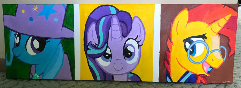 Size: 1024x374 | Tagged: safe, artist:kittychanann, derpibooru import, starlight glimmer, sunburst, trixie, pony, unicorn, traditional art