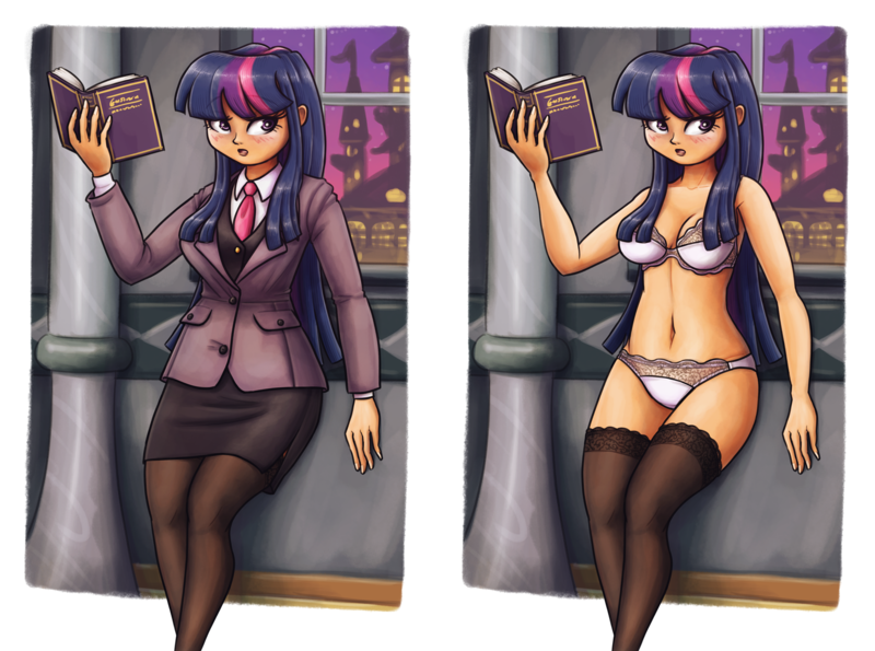 Size: 2152x1600 | Tagged: adorkable, artist:king-kakapo, belly button, blazer, blouse, blushing, book, bra, breasts, canterlot, clothes, column, cute, derpibooru import, diptych, dork, female, human, humanized, lingerie, necktie, panties, shirt, side slit, simple background, skirt, skirt suit, socks, solo, solo female, stockings, studying, suggestive, suit, thigh highs, transparent background, tube skirt, twilight sparkle, underwear, white underwear, window