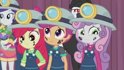 Size: 1280x720 | Tagged: safe, derpibooru import, screencap, apple bloom, bulk biceps, rarity, scootaloo, sweetie belle, equestria girls, equestria girls series, happily ever after party, adorabloom, bouquet, clothes, coal, costume, cute, cutealoo, cutie mark crusaders, diasweetes, female, helmet, miner, mining helmet, overalls, sad, sisters