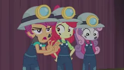 Size: 1280x720 | Tagged: safe, derpibooru import, screencap, apple bloom, scootaloo, sweetie belle, equestria girls, equestria girls series, happily ever after party, air quotes, cutie mark crusaders, female, helmet, miner, mining helmet, overalls, trio, trio female