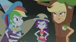 Size: 1280x720 | Tagged: safe, derpibooru import, screencap, applejack, rainbow dash, rarity, equestria girls, equestria girls series, happily ever after party, clothes, costume, fairy bootmother, helmet, mining helmet, selfie soot, tree costume