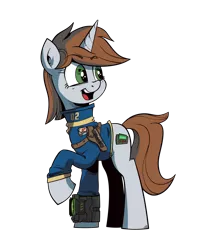 Size: 1950x2400 | Tagged: safe, artist:iiapiiiubbiu, derpibooru import, oc, oc:littlepip, unofficial characters only, pony, unicorn, fallout equestria, fanfic, clothes, cutie mark, fanfic art, female, gun, handgun, hooves, horn, little macintosh, looking back, mare, open mouth, optical sight, pipbuck, raised hoof, revolver, scope, simple background, solo, teeth, transparent background, vault suit, weapon