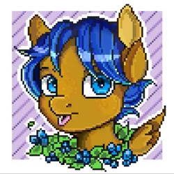 Size: 1493x1493 | Tagged: safe, artist:liseyly, derpibooru import, oc, oc:crushingvictory, pegasus, pony, :p, bust, flower, leaves, pixel art, silly, simple background, solo, tongue out, wreath, ych result