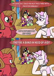 Size: 850x1200 | Tagged: safe, artist:ladyanidraws, derpibooru import, apple bloom, scootaloo, sweetie belle, oc, oc:band-aid, oc:pun, earth pony, pegasus, pony, unicorn, ask pun, ask, clothes, cutie mark crusaders, female, mare, pun, show stopper outfits