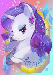 Size: 1240x1754 | Tagged: safe, artist:ukidama-illust, derpibooru import, rarity, pony, unicorn, bracelet, bust, cute, cutie mark, ear piercing, earring, female, gem, hair accessory, horn, horn ring, jewelry, lidded eyes, looking at you, mare, piercing, profile, raribetes, solo