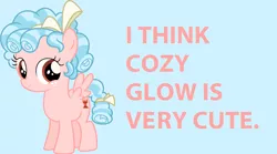 Size: 1844x1024 | Tagged: safe, derpibooru import, cozy glow, pegasus, pony, marks for effort, bow, cozybetes, cute, female, filly, freckles, pure concentrated unfiltered evil of the utmost potency, pure unfiltered evil, simple background, smiling, solo, text