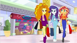 Size: 1600x895 | Tagged: safe, artist:limedazzle, derpibooru import, part of a set, adagio dazzle, rarity, sunset shimmer, equestria girls, belly shirt, boots, canterlot mall, clothes, female, looking at each other, mall, midriff, pants, shoes, shopping, shopping bags, shopping mall