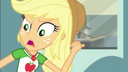 Size: 1280x720 | Tagged: safe, derpibooru import, screencap, applejack, cranky doodle donkey, equestria girls, equestria girls series, happily ever after party, geode of super strength, happily ever after party: applejack, pointing