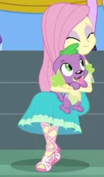 Size: 187x319 | Tagged: safe, derpibooru import, fluttershy, spike, spike the regular dog, dog, equestria girls, equestria girls series, happily ever after party, clothes, dress, eyes closed, eyeshadow, feet, female, happily ever after party: applejack, makeup, male, paws, sandals, smiling