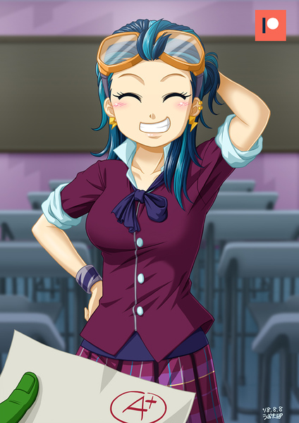 Size: 707x1000 | Tagged: safe, artist:uotapo, derpibooru import, indigo zap, oc, oc:anon, equestria girls, friendship games, blushing, classroom, clothes, crystal prep academy uniform, desk, ear piercing, earring, eyes closed, female, finger, goggles, hand on hip, jewelry, patreon, patreon logo, piercing, school uniform, skirt, smiling