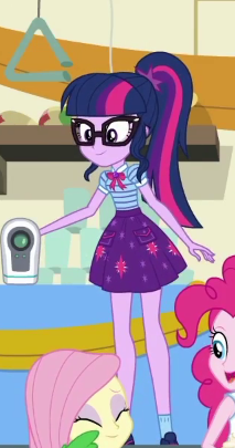 Size: 213x405 | Tagged: safe, derpibooru import, screencap, fluttershy, pinkie pie, sci-twi, twilight sparkle, equestria girls, equestria girls series, happily ever after party, clothes, cropped, geode of telekinesis, glasses, implied spike, ponytail, shoes, skirt, smiling, socks