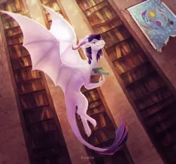 Size: 2900x2705 | Tagged: safe, artist:elzafox, derpibooru import, twilight sparkle, dragon, pony, fanfic, book, chromatic aberration, cover art, dragoness, dragonified, equestrian flag, fanfic art, fanfic cover, female, flying, library, solo, species swap, twilidragon