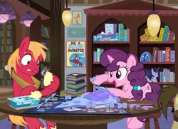 Size: 1072x775 | Tagged: safe, artist:pixelkitties, derpibooru import, big macintosh, sugar belle, earth pony, pony, unicorn, abobo, battlecloud, battleship, book, bookshelf, call of cthulhu, dice, female, gurps, lament configuration, male, mare, shipping, show accurate, stallion, star destroyer, star wars, straight, stratego, sugarmac, table, tabletop game, tie fighter, x-wing, yu-gi-oh!