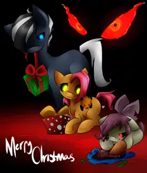Size: 2193x2575 | Tagged: grimdark, artist:polkadot-creeper, derpibooru import, apple bloom, babs seed, ask blanked babs, story of the blanks, christmas, crying, holiday, plushie, present